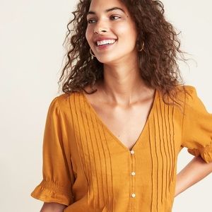 Pintucked V-Neck Button-Front Blouse